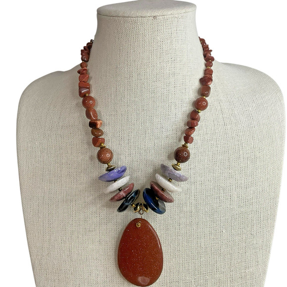 Goldstone Bead Necklace with Large Pendant & Natural Stone Accents - Picture 2 of 13